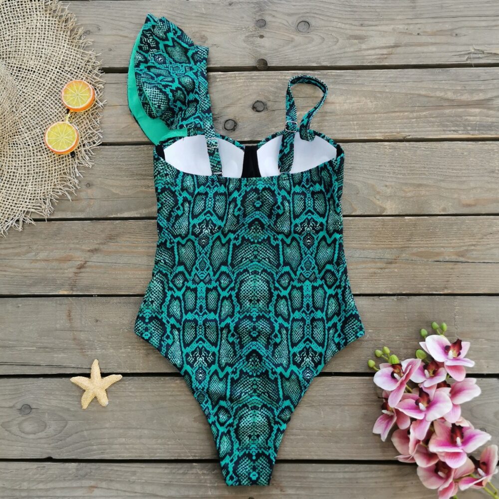 European and American one-shoulder ruffled triangle one-piece swimsuit for women snakeskin print swimsuit - Image 3