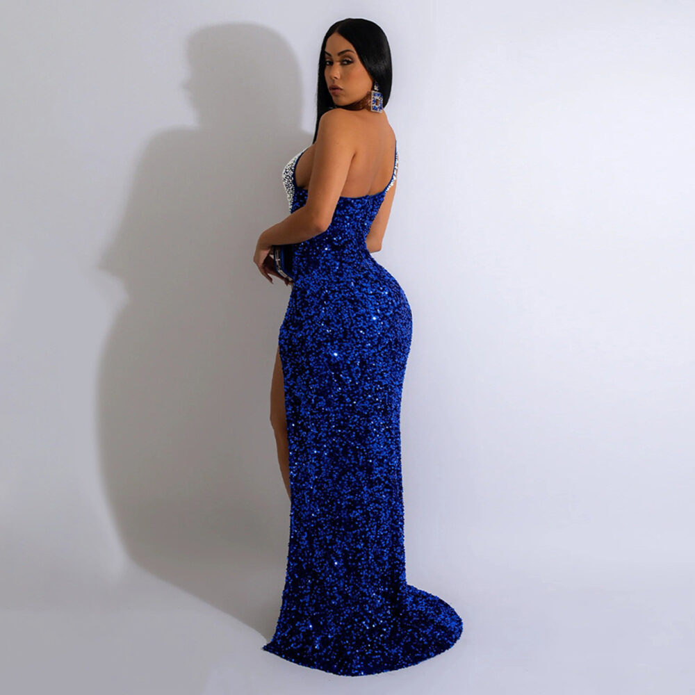 Women Wear Solid Color Rhinestone Sequined Sleeveless Maxi Dress - Image 2