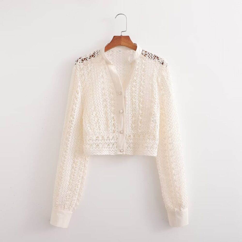 Early Autumn Lantern Sleeve Knitted Cardigan Sexy Scheming Hollow Out Cutout out See through Cropped Outfit Slim Fit Crop Top