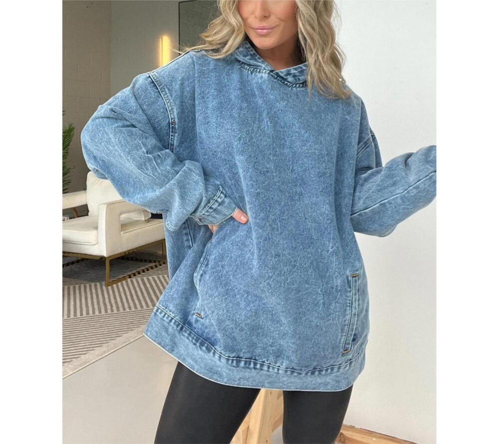 Women Clothing Loose Hooded Pullover Denim Hoodie