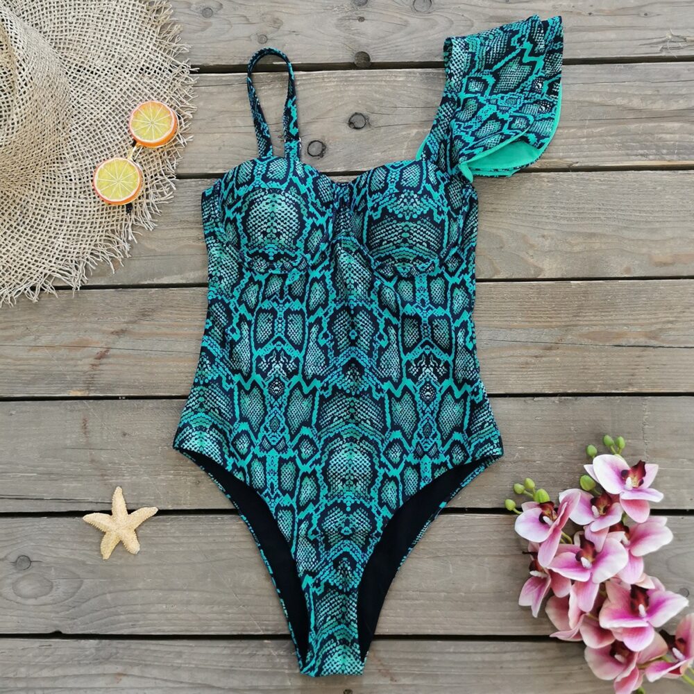 European and American one-shoulder ruffled triangle one-piece swimsuit for women snakeskin print swimsuit - Image 5