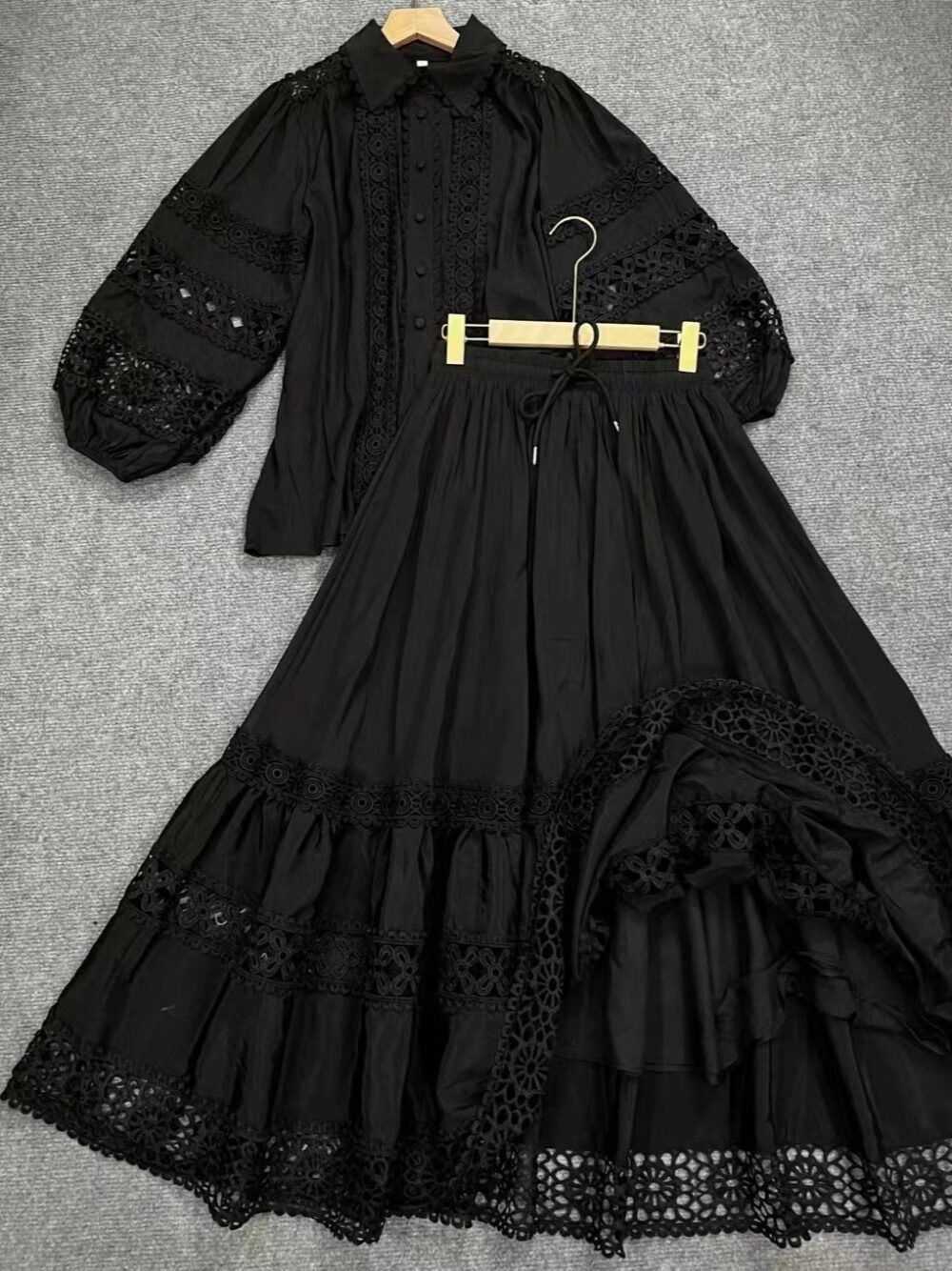 Collar splicing lace lantern sleeve shirt+high waisted skirt cover - Image 12