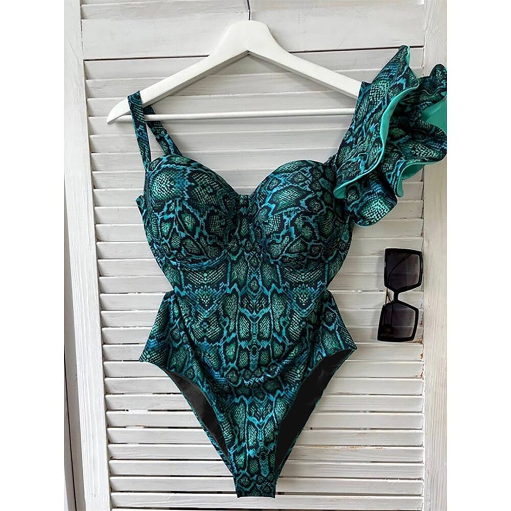 European and American one-shoulder ruffled triangle one-piece swimsuit for women snakeskin print swimsuit - Image 6