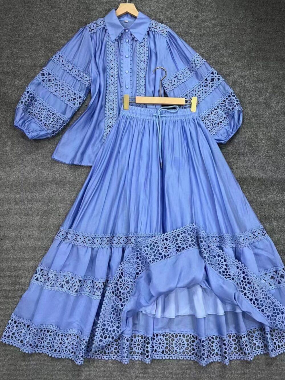 Collar splicing lace lantern sleeve shirt+high waisted skirt cover - Image 5