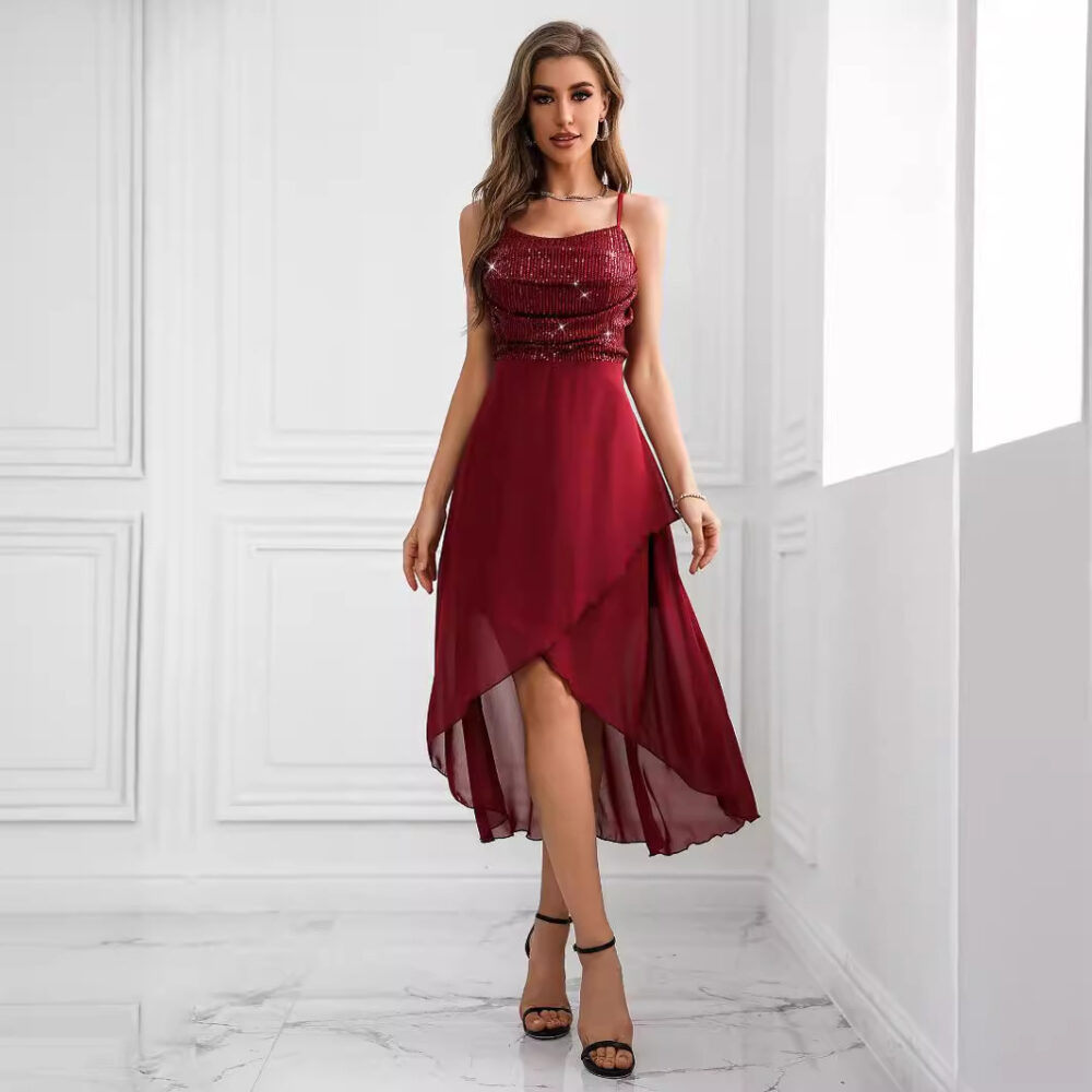 Sexy Sequined Suspender Chiffon Patchwork Dress Women Clothing Evening Dress