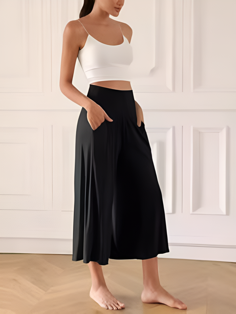 Women Clothing Elastic Waist High Waist Loose Casual Cropped Pants With Pockets Women