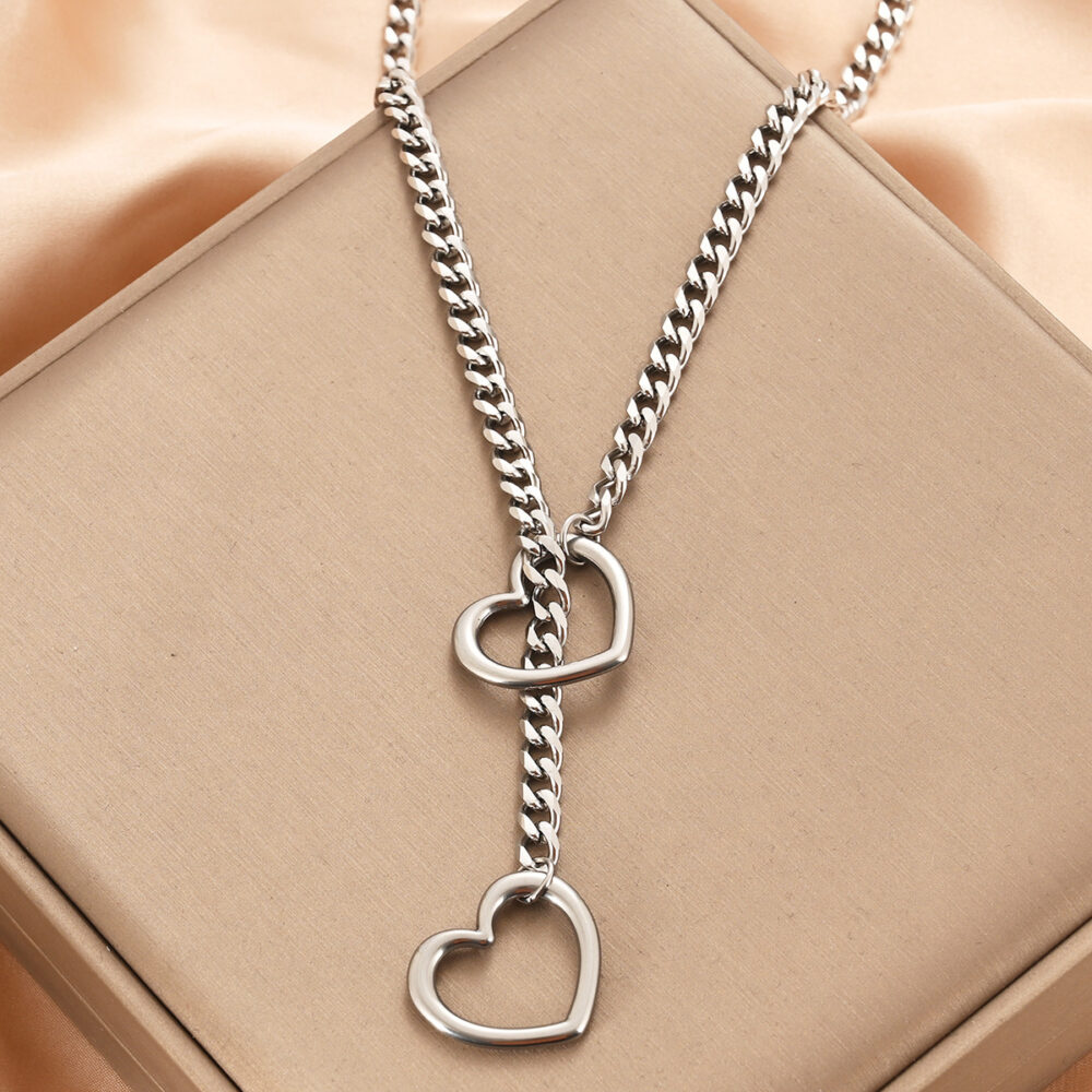 Stainless Steel Lariat Heart Necklace Personality Heavy Ring Cuban Long Chain Punk Rock Slipchain Choker Collar For Women Men - Image 9