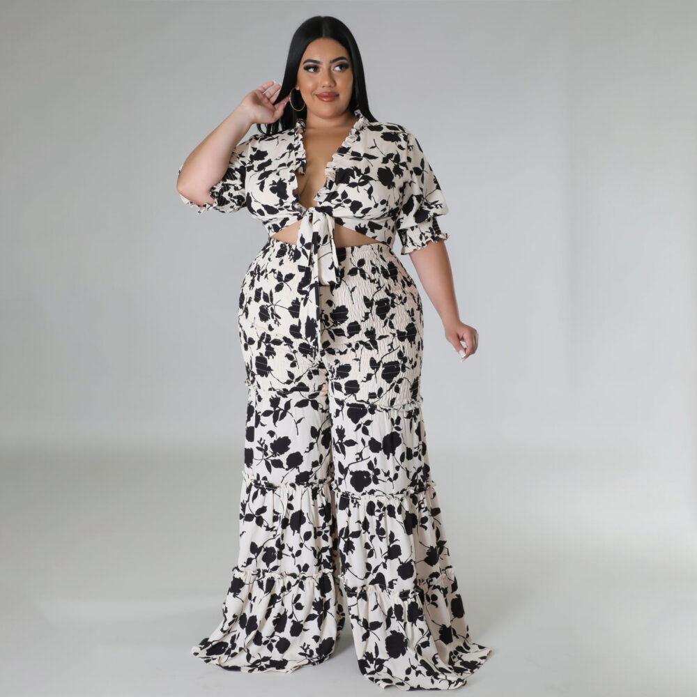 Plus Size Women Strap Printing Two Piece Suit Wide Leg Pants Summer