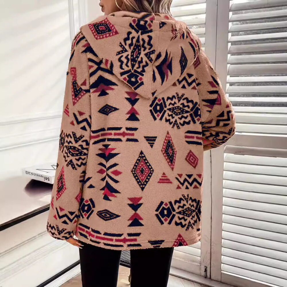 Plus Size Autumn Winter European Collared Mid-Length Top Women Pocket Totem Print Plush Cardigan - Image 2