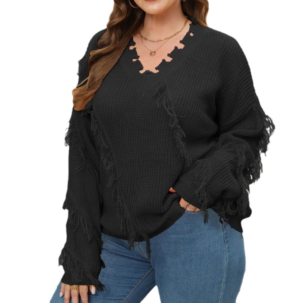 plus Size Women Woven Shirt Women Clothes Autumn Winter V-neck Beard Tassel Splicing Pullover Sweater - Image 4