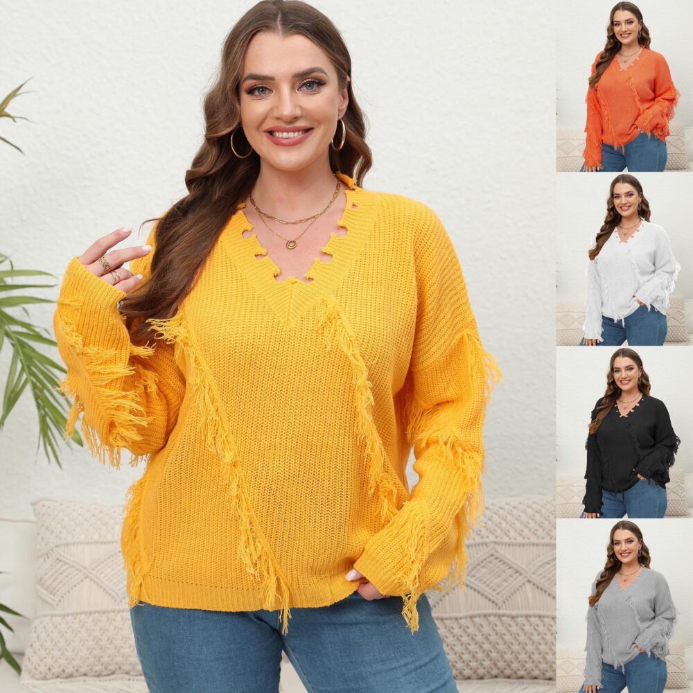 plus Size Women Woven Shirt Women Clothes Autumn Winter V-neck Beard Tassel Splicing Pullover Sweater - Image 5