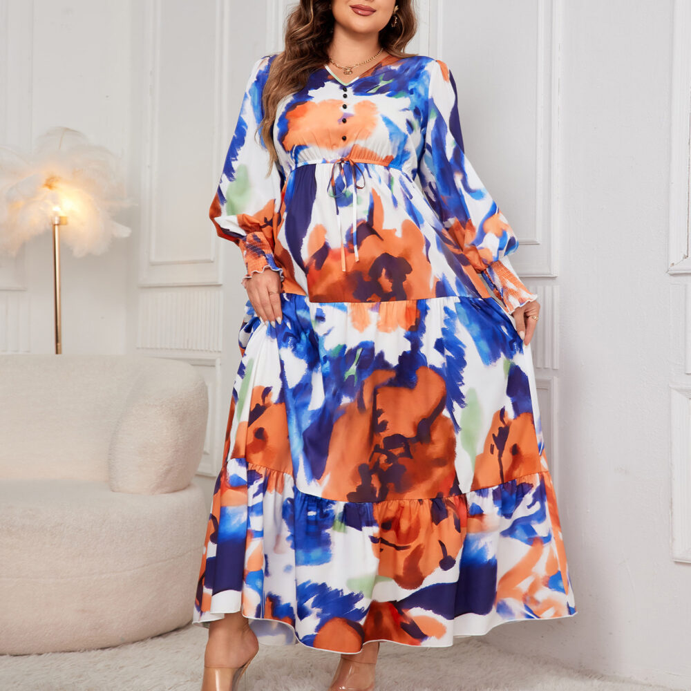 Plus Size Print Mid Length Dress V neck High Waist Dress