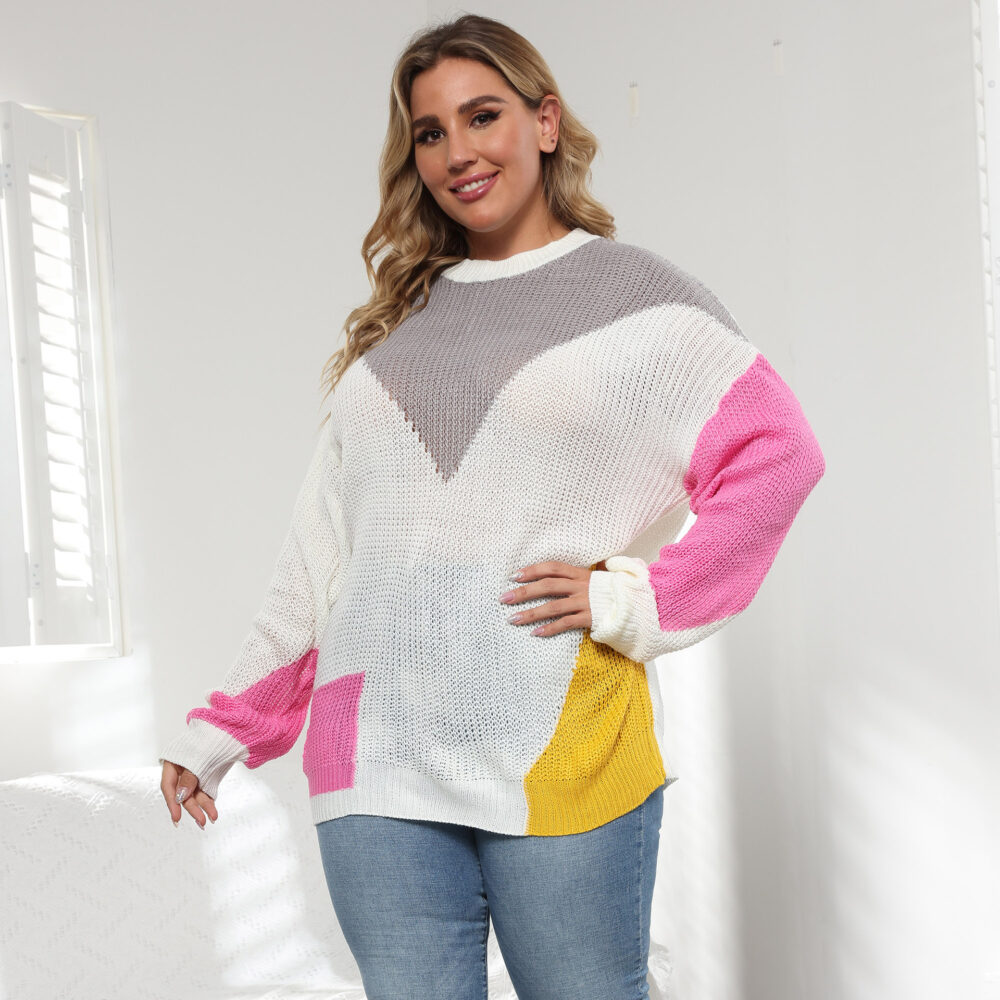 Plus Size Women Clothes Color Contrast Patchwork Loose Casual Pullover Sweater