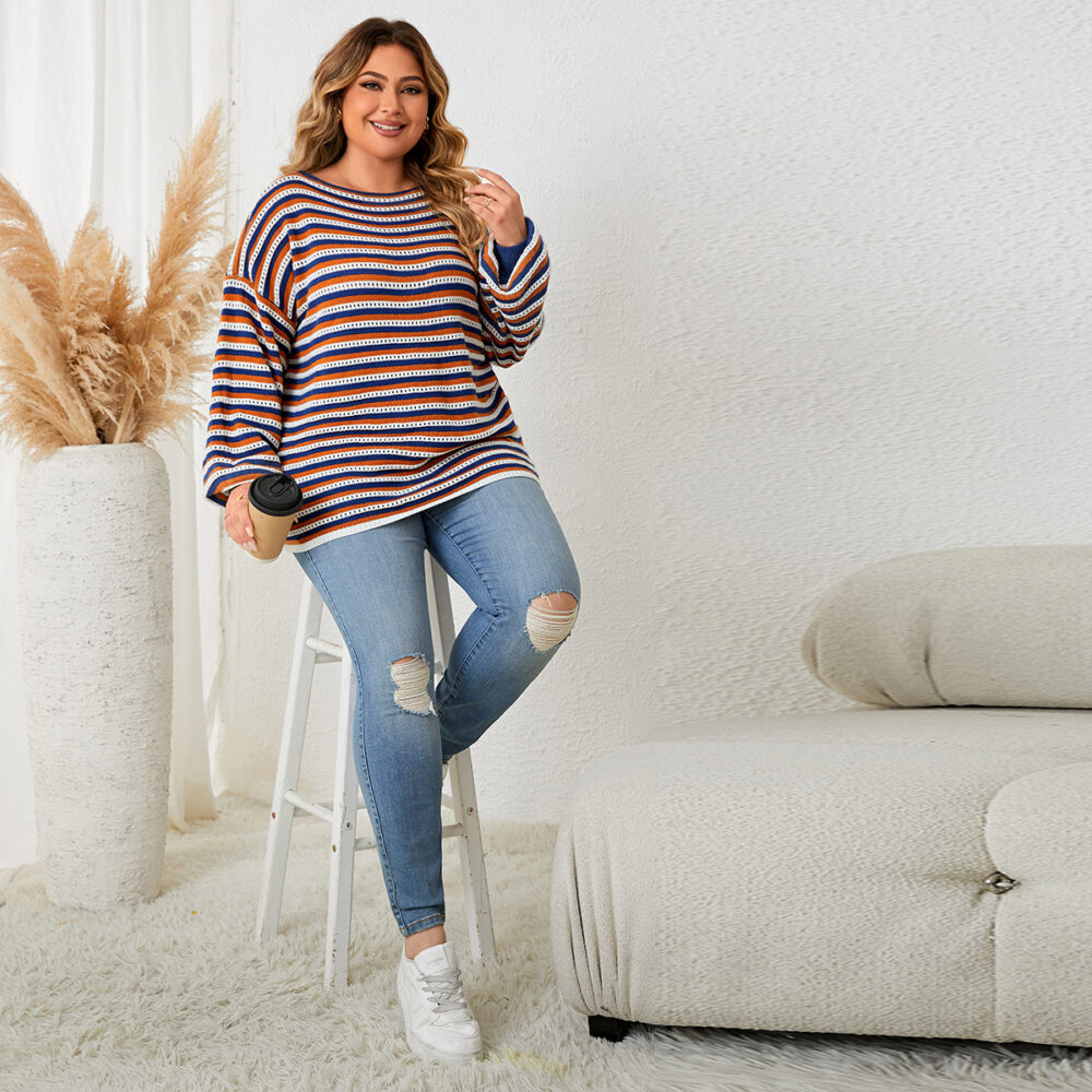 Plus Size Women Clothes Striped Loose round Neck Pullover Top Women Clothing