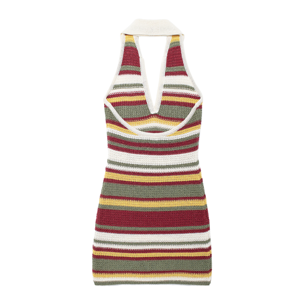 Women Clothing Autumn V Neck Colorful Striped Contrast Color Slim Fit Hip Crochet Dress - Image 11