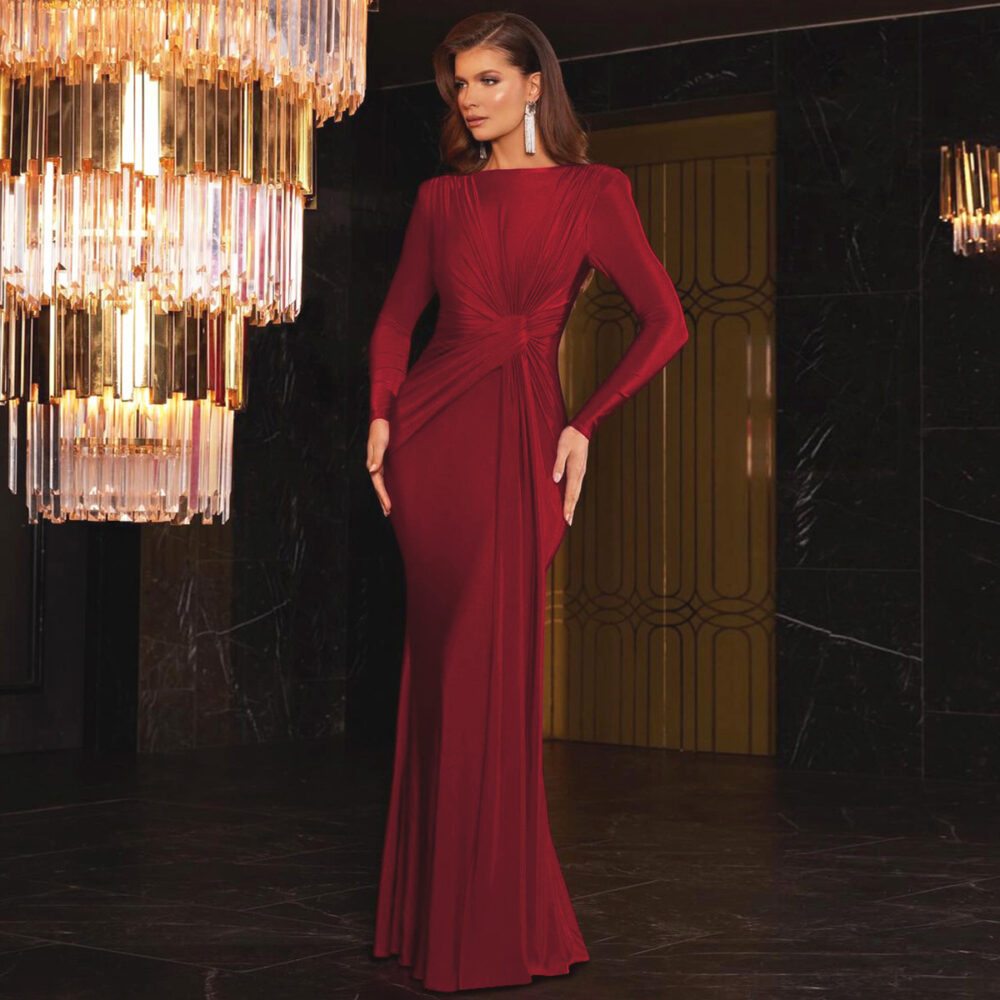 Women Evening Dress Autumn Slim Fit Round Neck Long Sleeves Dress - Image 3