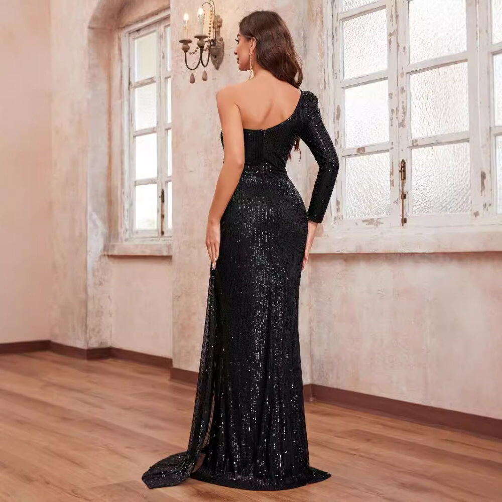 Women Prom Evening Dress Sequined Rhinestone One Shoulder Sleeve Hollow Out Cutout out Party Evening Dress - Image 2