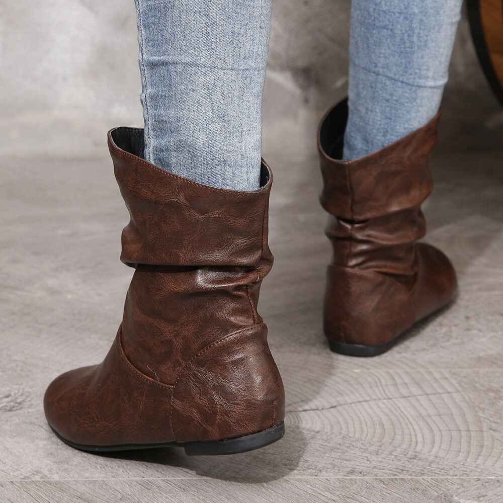 Women Boots Round Toe Low Heel Low Top Sleeve Faux Leather Women Leather Boots All Match Simple Slip On Women Ankle Boots - Image 4