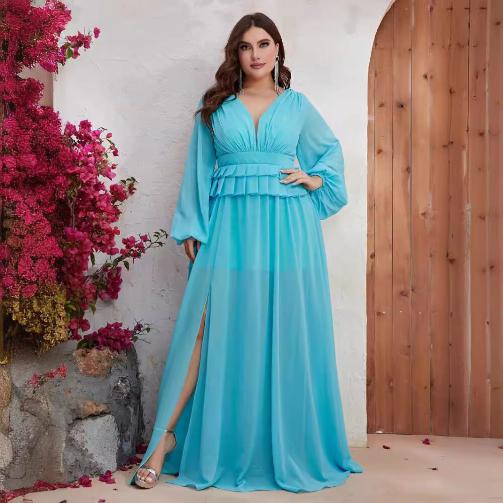 Plus Size Spring Summer Dress Chiffon V Neck Long Sleeve Slimming Dress - Image 2