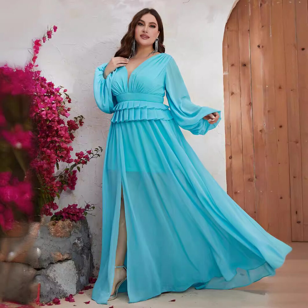 Plus Size Spring Summer Dress Chiffon V Neck Long Sleeve Slimming Dress - Image 5