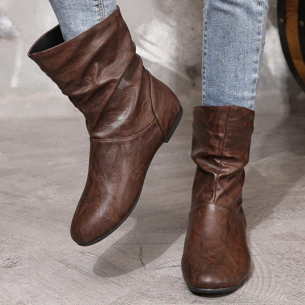 Women Boots Round Toe Low Heel Low Top Sleeve Faux Leather Women Leather Boots All Match Simple Slip On Women Ankle Boots - Image 2