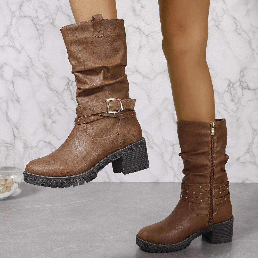 Brown Pleated Side Zipper Rivet Mid Calf Chunky Heel Thick Bottom round Toe All Matching Casual Women Boots - Image 2