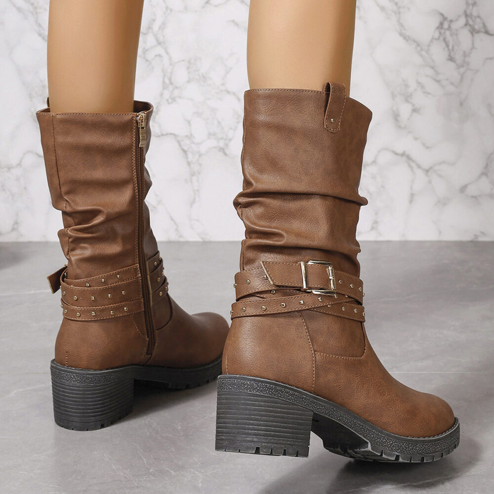 Brown Pleated Side Zipper Rivet Mid Calf Chunky Heel Thick Bottom round Toe All Matching Casual Women Boots - Image 3