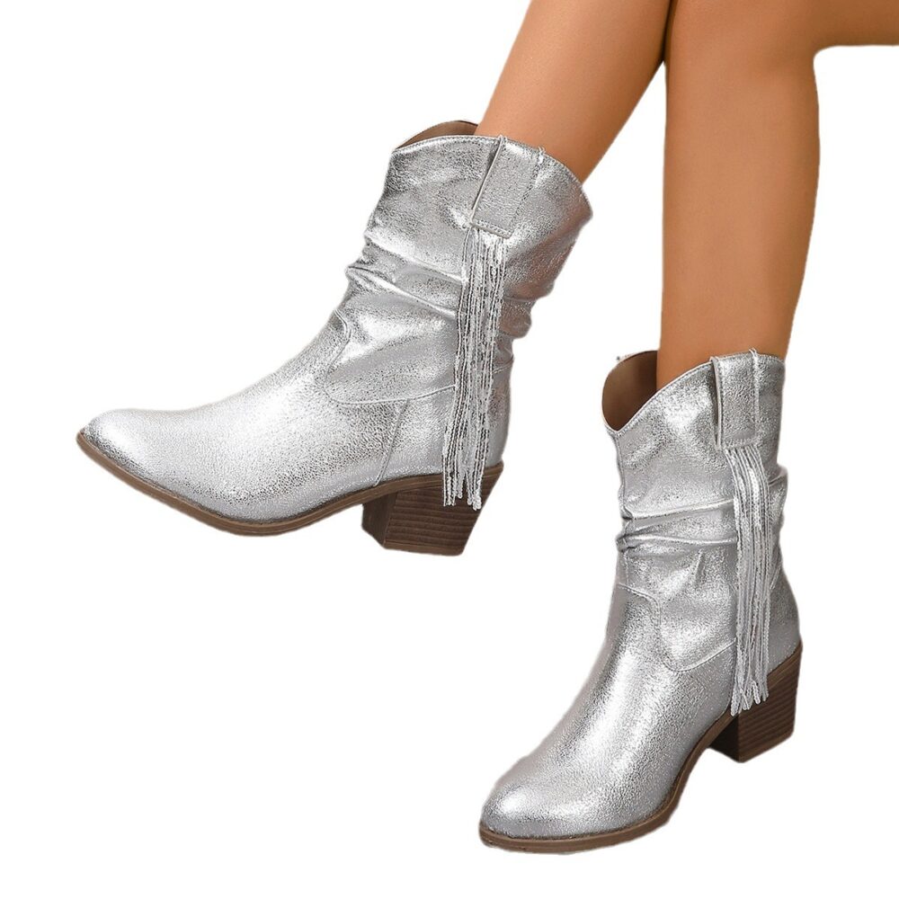 Tassel Slip on Mid Calf Women Tassel Boots Height Increasing Women Boots Pleated Silver Women Boots - Image 5