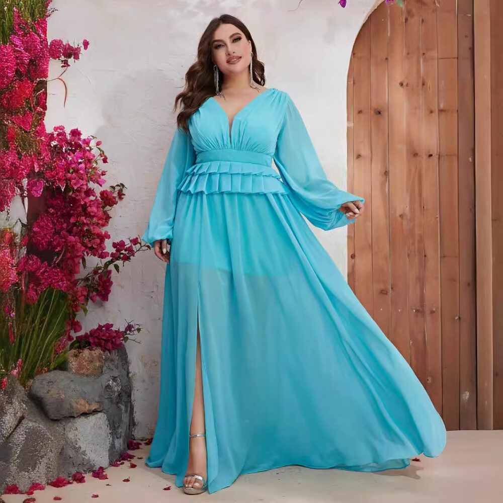 Plus Size Spring Summer Dress Chiffon V Neck Long Sleeve Slimming Dress