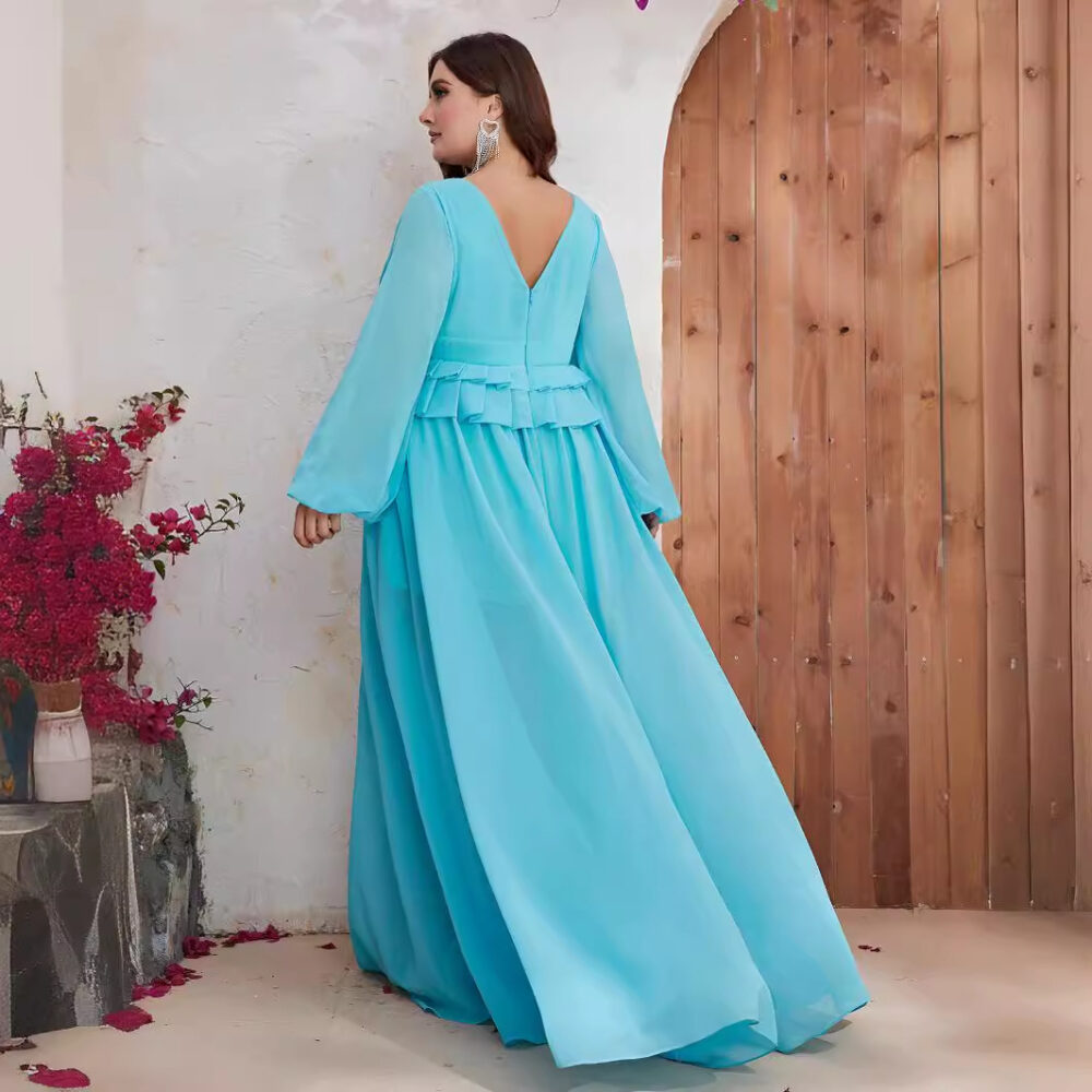 Plus Size Spring Summer Dress Chiffon V Neck Long Sleeve Slimming Dress - Image 4