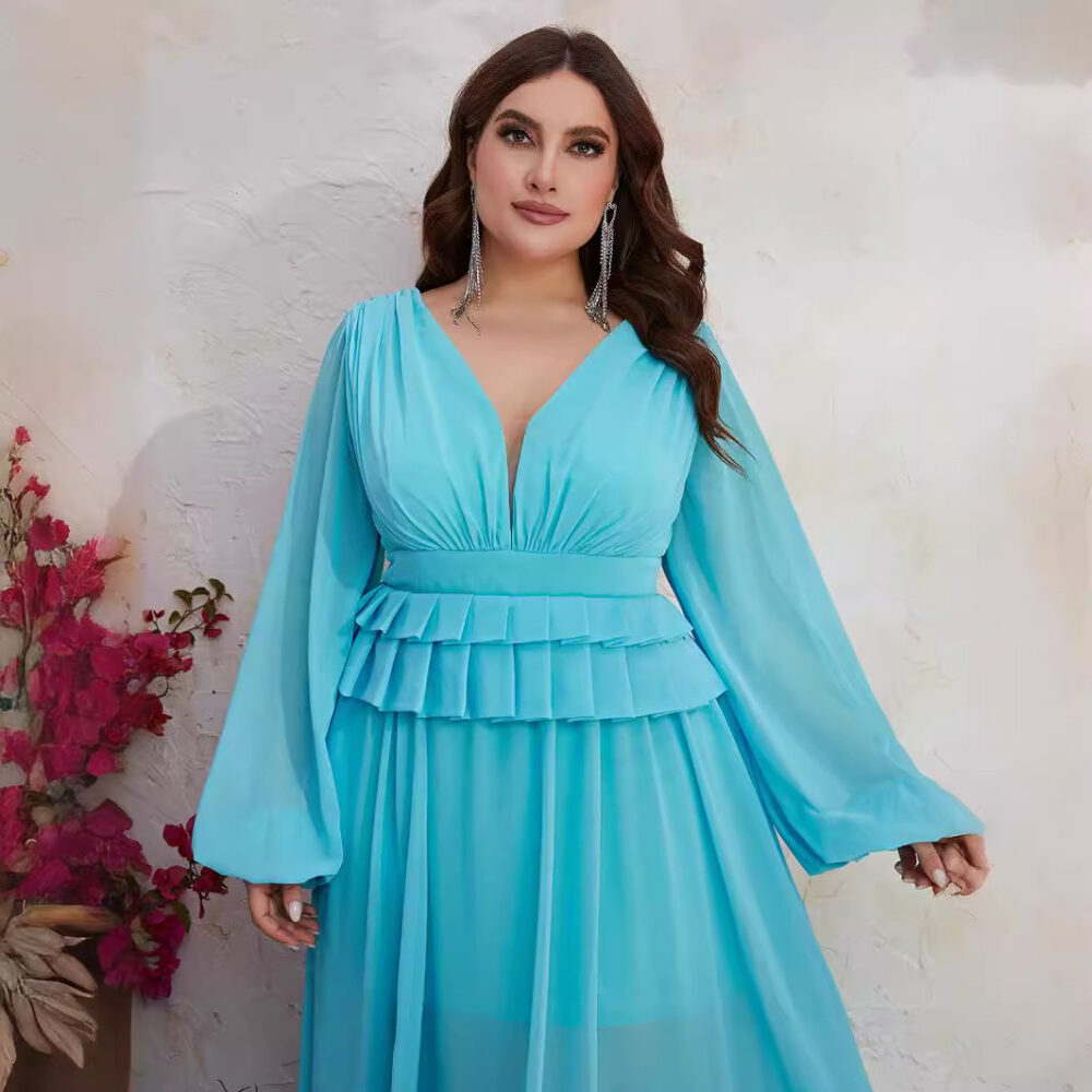 Plus Size Spring Summer Dress Chiffon V Neck Long Sleeve Slimming Dress - Image 3