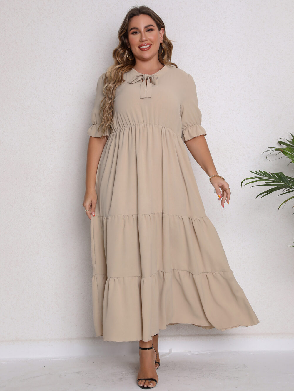 Plus Size Women Summer round Neck Short Sleeve Bow Dress - Image 2