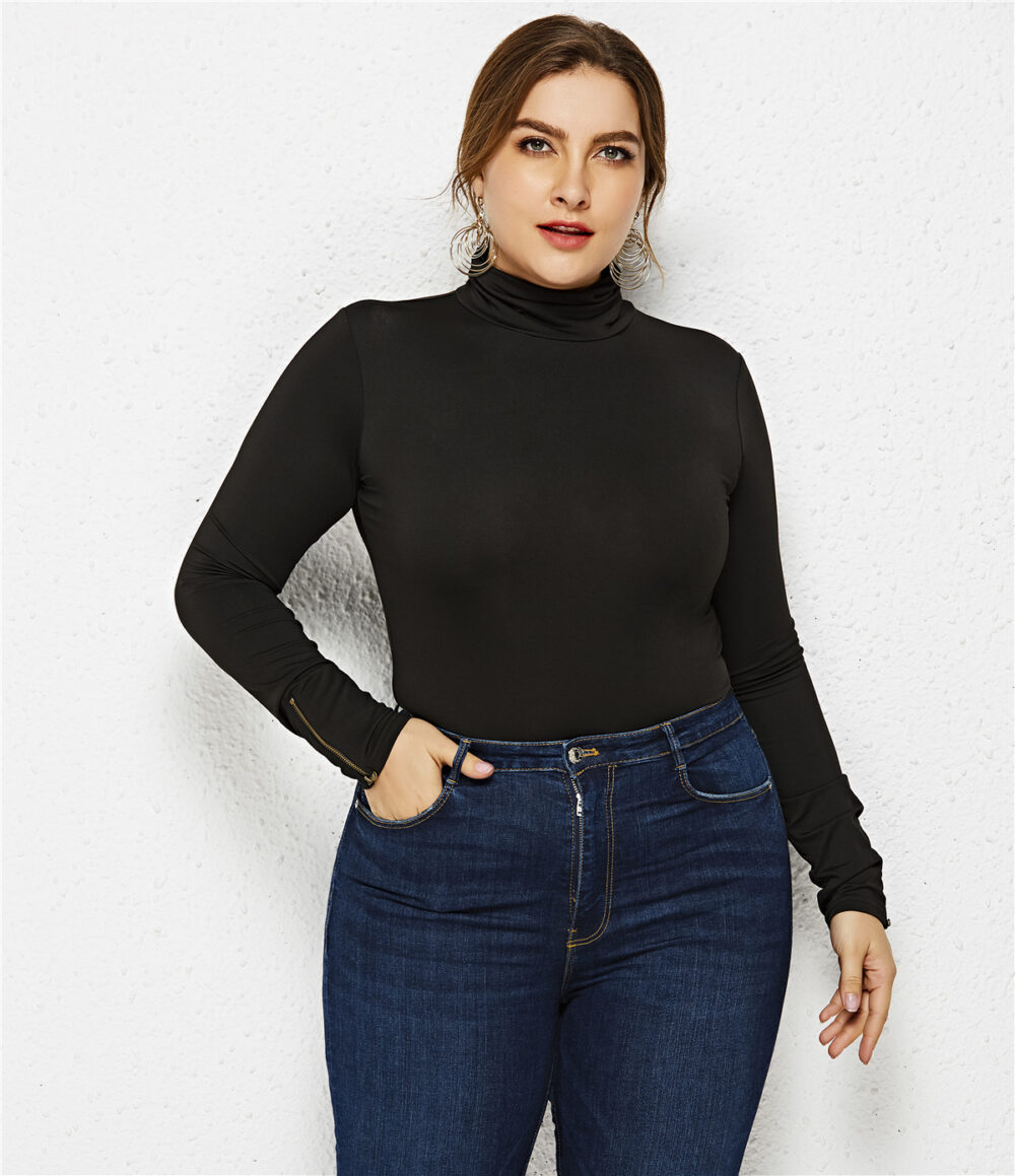 Plus Size Women Clothing Sexy Bottoming Shirt Solid Color Turtleneck Long Sleeve Triangle Tight Jumpsuit - Image 2