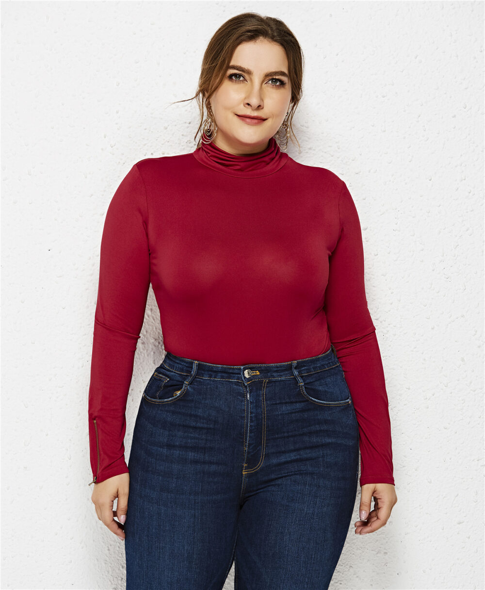 Plus Size Women Clothing Sexy Bottoming Shirt Solid Color Turtleneck Long Sleeve Triangle Tight Jumpsuit - Image 4