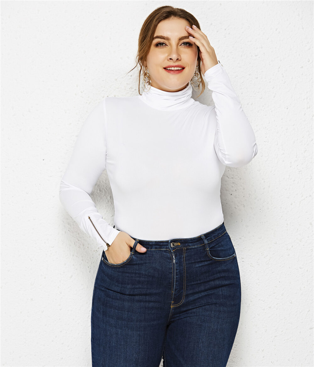 Plus Size Women Clothing Sexy Bottoming Shirt Solid Color Turtleneck Long Sleeve Triangle Tight Jumpsuit - Image 3