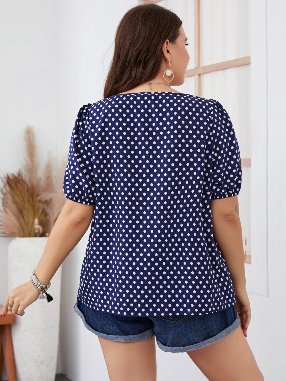 Plus Size Autumn Chiffon Short Woven round Neck Plaid Office Korean Pullover Polka Dot Women Blouse - Image 4