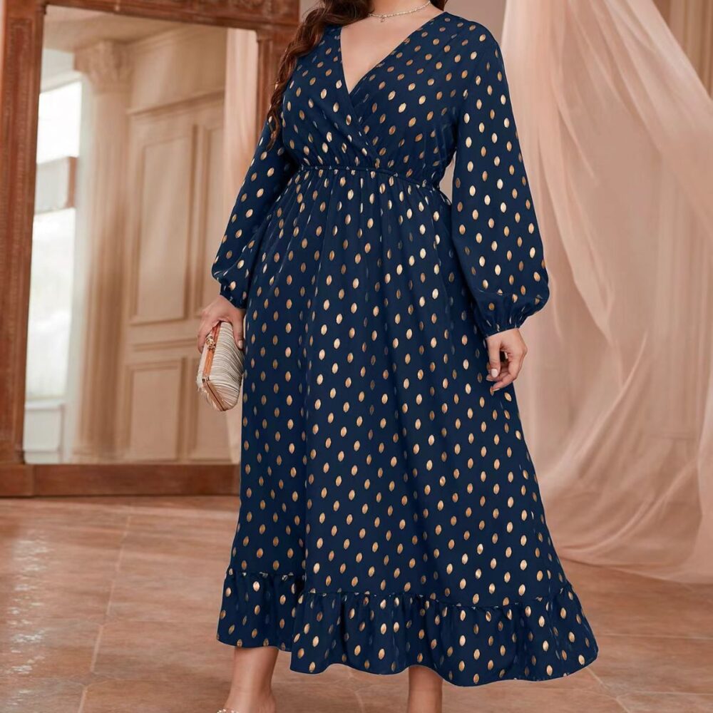 Plus Size High Waist Black Polka Dot Middle East Elastic Waist Printed Dress for Women - Image 2