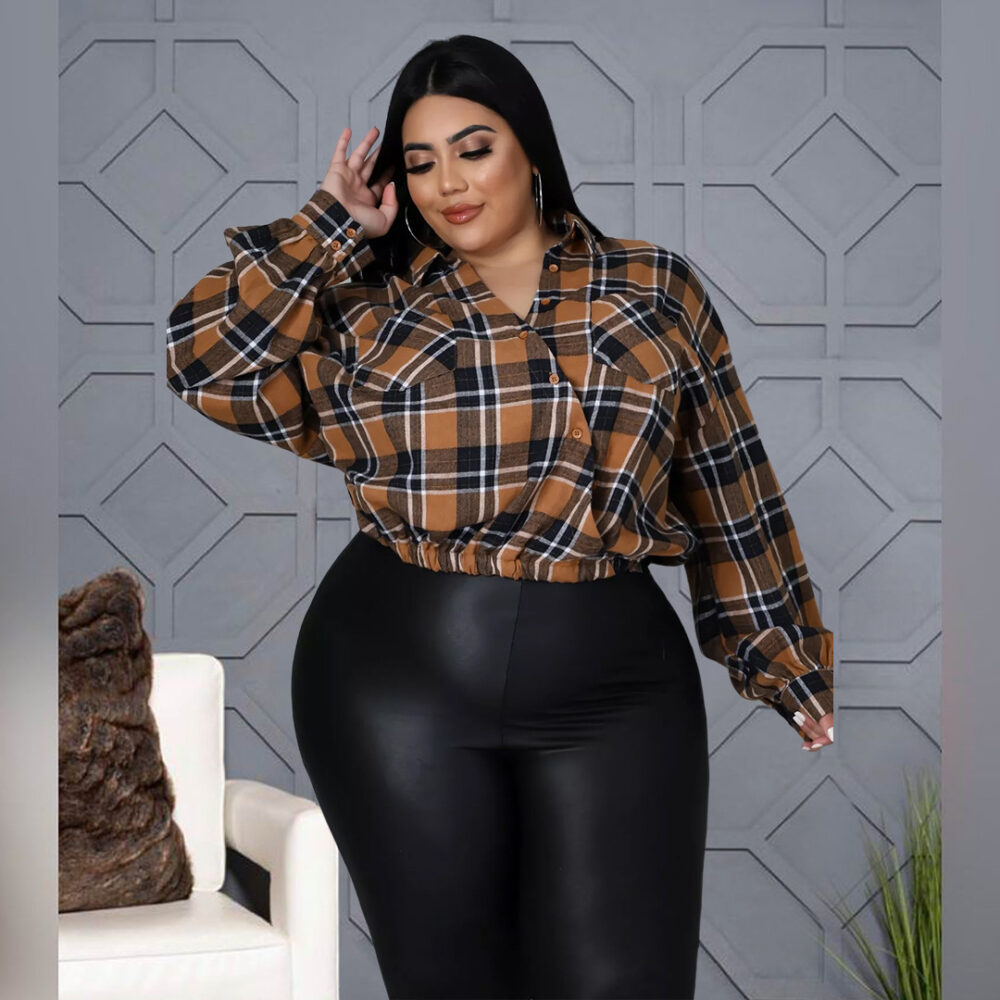 Plus Size Nightclub Uniforms Asymmetric Drop Shoulder Pocket Cotton Plaid Top