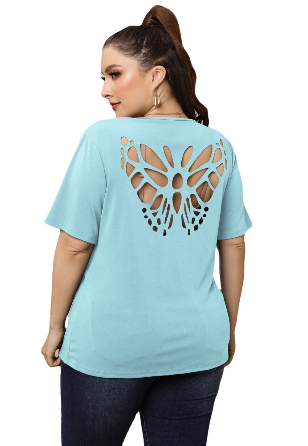 Plus Size Women Sexy Backless Butterfly Hollow Out Cutout out Burnt Top Crew Neck Casual T-shirt - Image 5