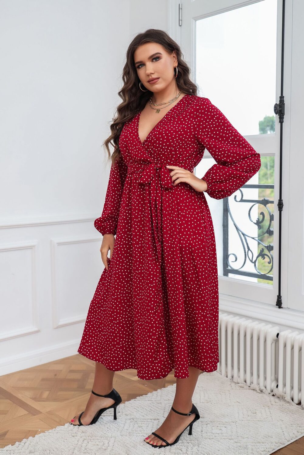 Plus Size Swing Artistic Red Dress Cotton Office Polka Dot Long Sleeve Women Clothing