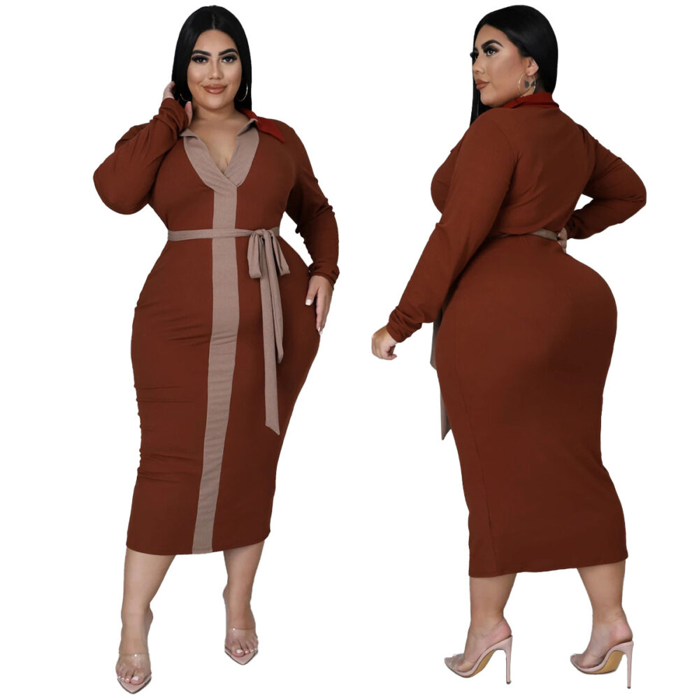 Plus Size Women Clothing Autumn Winter Multi-Color Mosaic Lace-up Elegant Sexy Dress for Women - Image 5