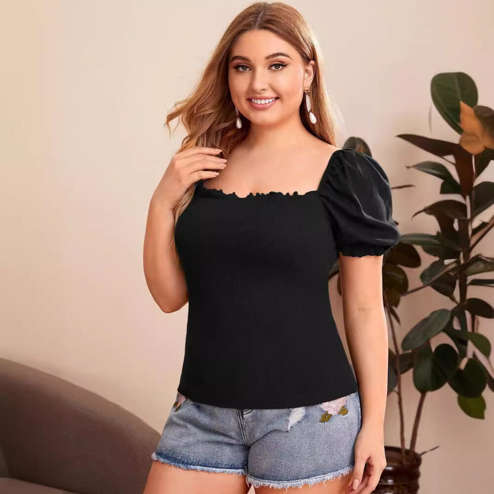 Plus Size Women Elegant Puff Sleeve T shirt Summer Square Collar Solid Color Short Top - Image 3