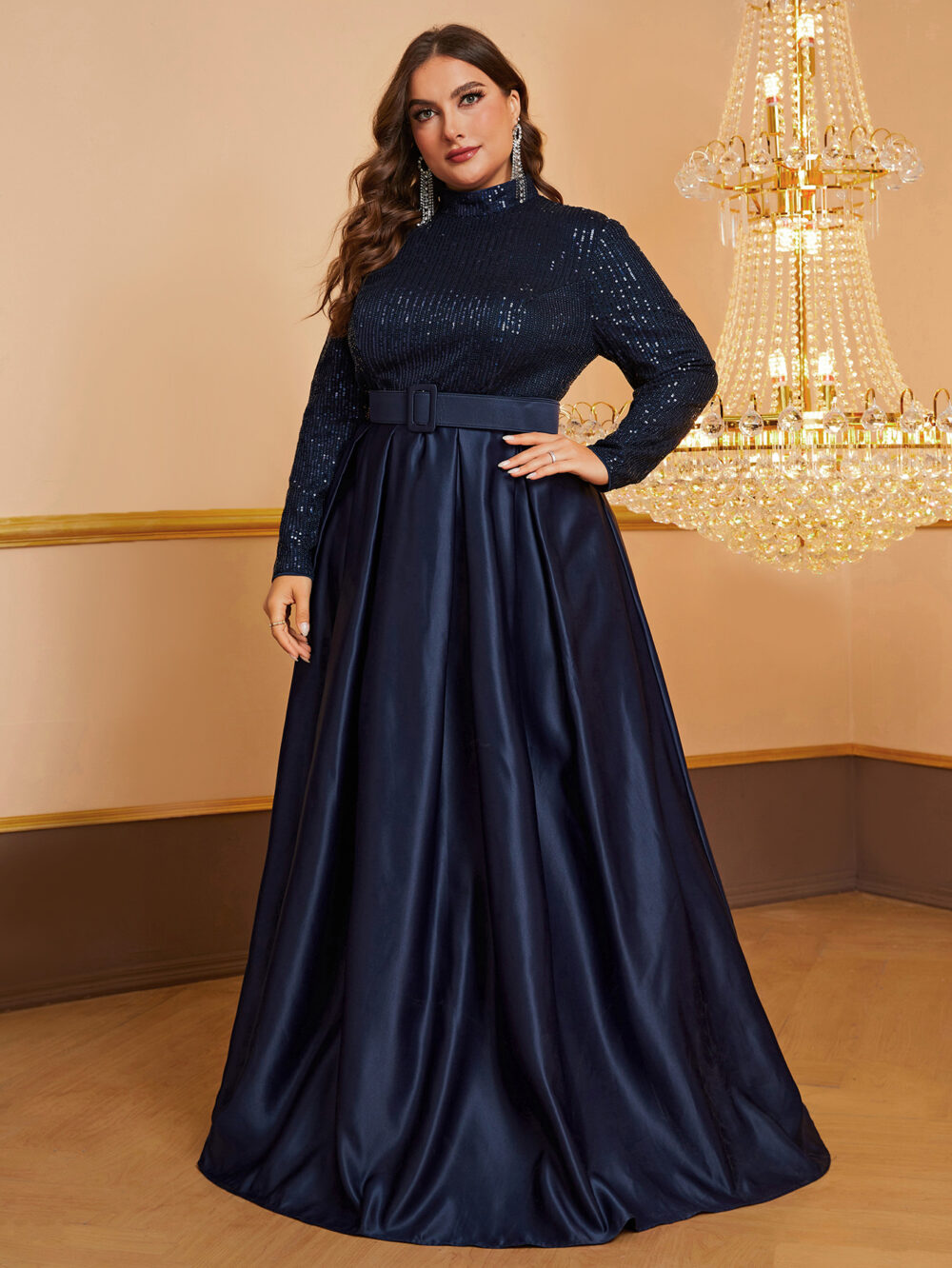 plus Size Dress Sequined Turtleneck Long Sleeve Dress with Belt Dinner Dress - Image 3