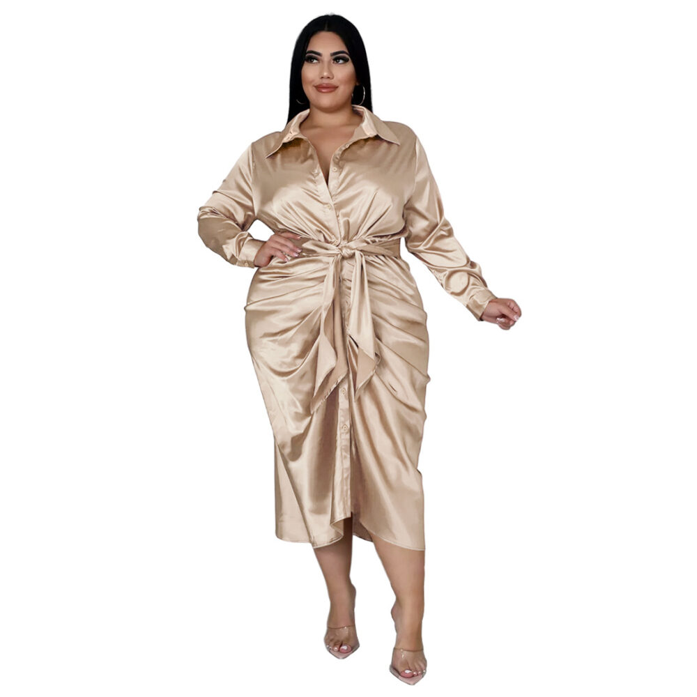 Plus Size Nightclub Uniforms Reflective Silk Pleated Lace-up Shirt Dress - Image 4