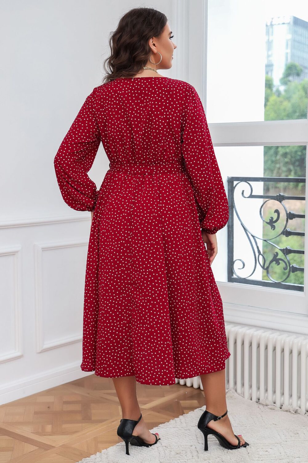 Plus Size Swing Artistic Red Dress Cotton Office Polka Dot Long Sleeve Women Clothing - Image 4