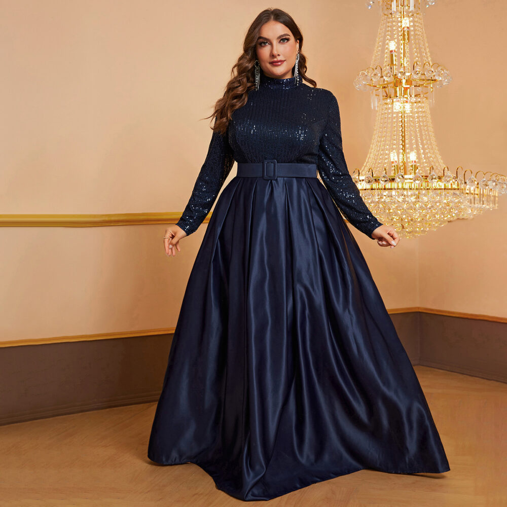 plus Size Dress Sequined Turtleneck Long Sleeve Dress with Belt Dinner Dress