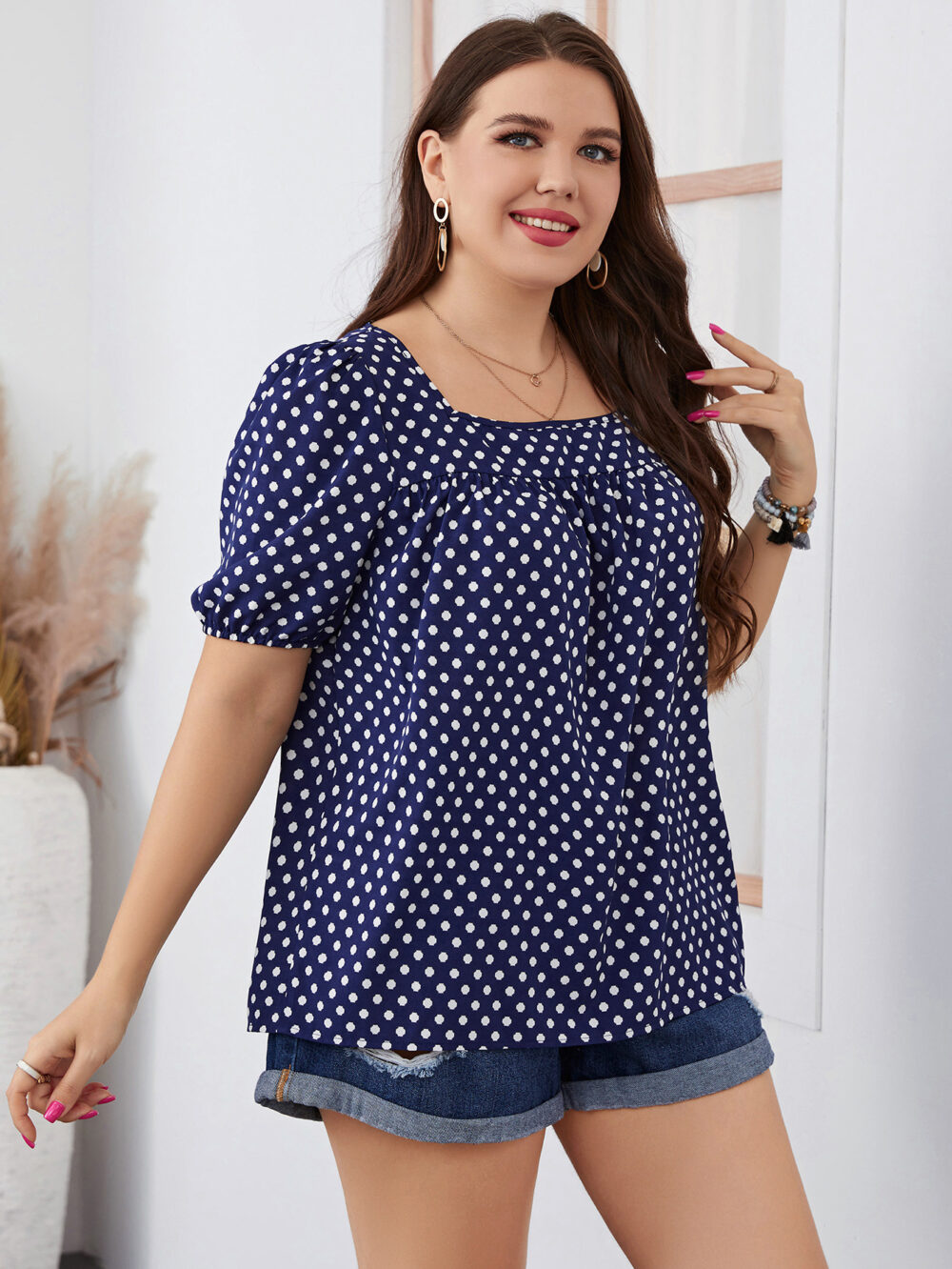 Plus Size Autumn Chiffon Short Woven round Neck Plaid Office Korean Pullover Polka Dot Women Blouse - Image 2