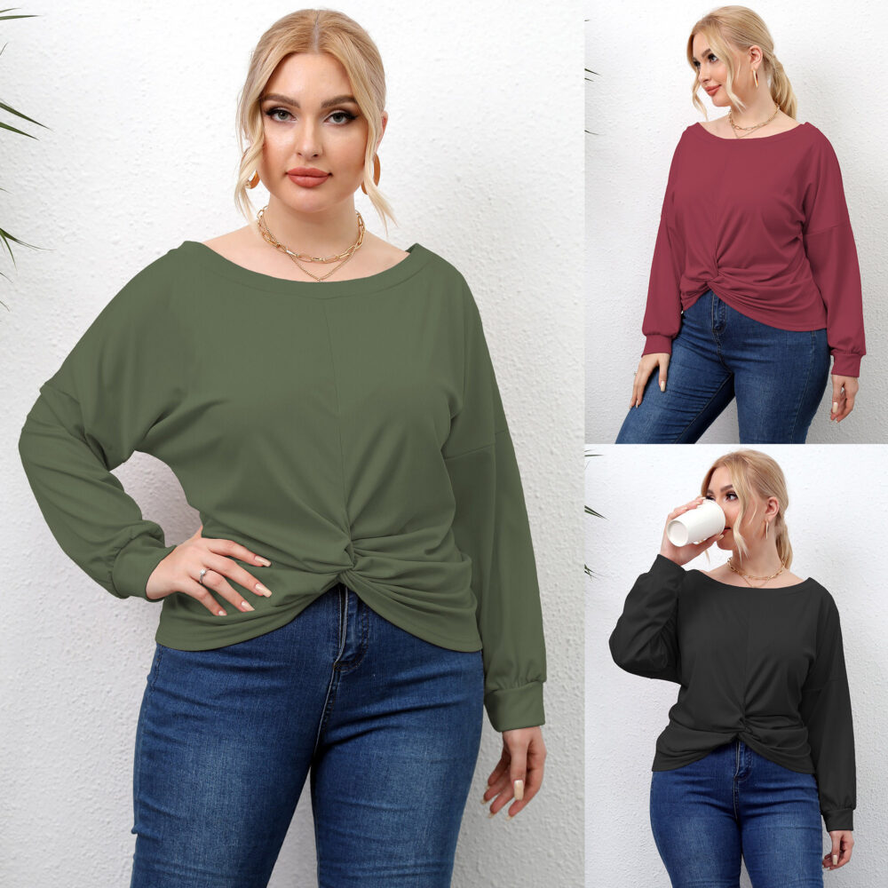 Plus Size Women Clothes Autumn Long Sleeve Solid Color Irregular Asymmetric Criss Cross Women Casual T-shirt - Image 5