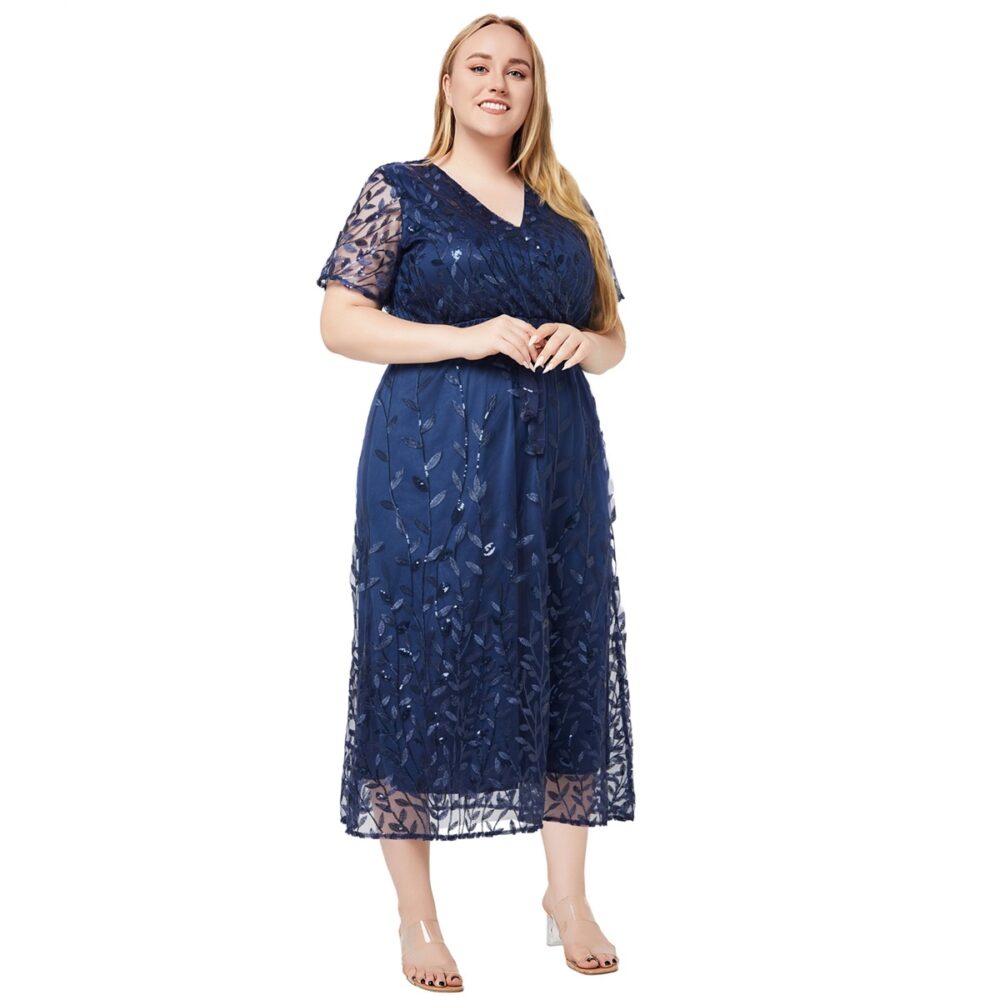 Plus Size Women Clothing Spring Summer V neck Short Sleeve Sequin Embroidery Bridesmaid Dress Dress