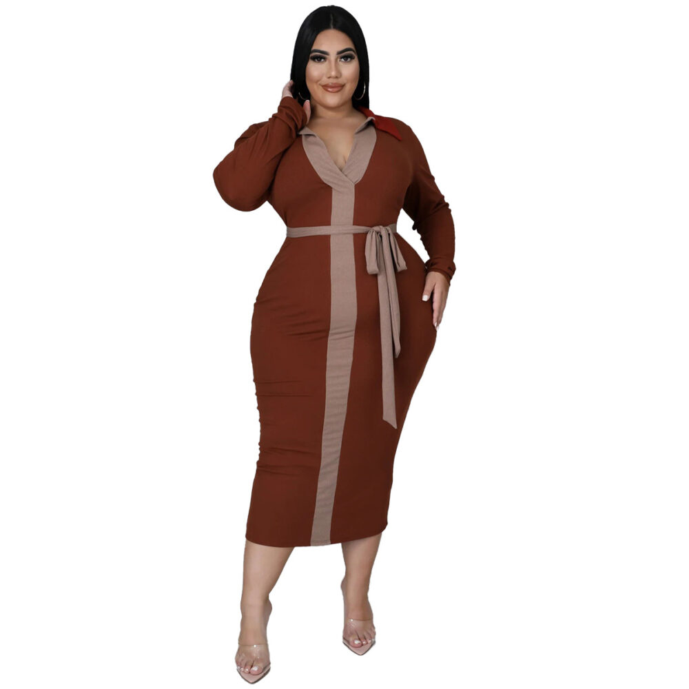 Plus Size Women Clothing Autumn Winter Multi-Color Mosaic Lace-up Elegant Sexy Dress for Women - Image 3